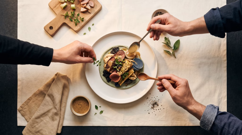 Two people sharing a gourmet dish on a white plate, aerial view with wooden board and sauce on linen tablecloth