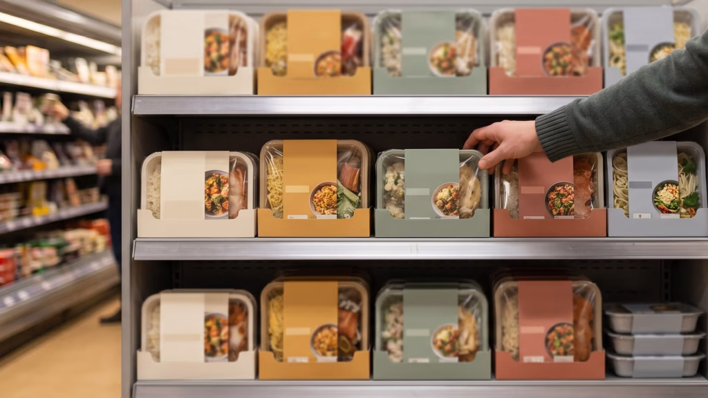 Person selecting a packaged meal from a supermarket shelf stocked with colorful ready-meal boxes