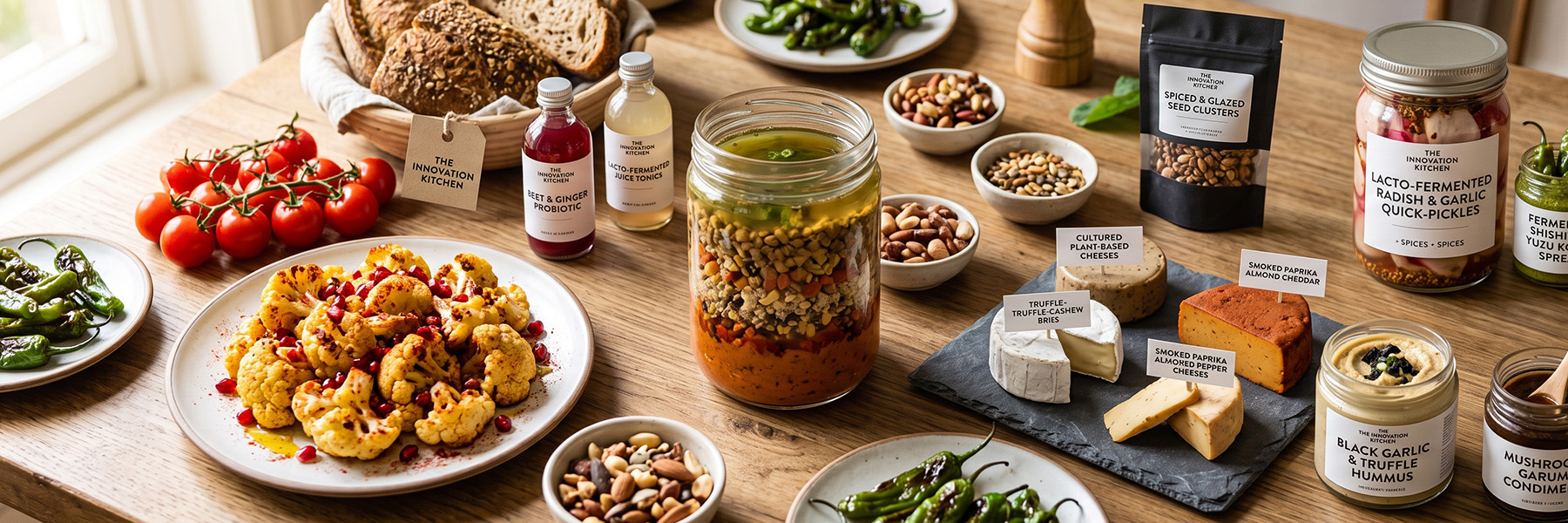 A sunlit wooden table spread with inventive food and drink products, including roasted cauliflower with pomegranate, charred green peppers, vine tomatoes, layered grain and vegetable jars, plant-based cheeses, fermented pickles, dips and seed clusters.