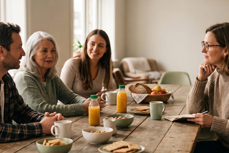 A researcher with a notebook listens to three people in relaxed conversation around a sunlit wooden table set with orange juice, mugs, bread, fruit and snacks.