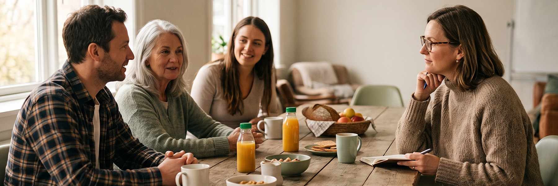 A researcher with a notebook listens to three people in relaxed conversation around a sunlit wooden table set with orange juice, mugs, bread, fruit and snacks.
