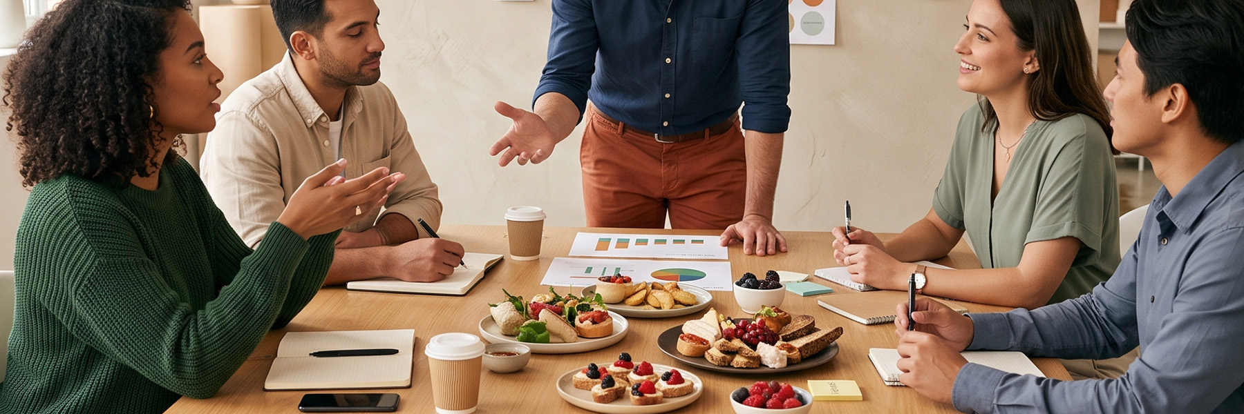 A diverse team at a food and drink innovation workshop, discussing ideas around a table of tasting plates and consumer insight charts