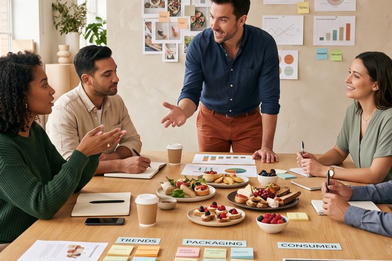 A diverse team at a food and drink innovation workshop, gathered around a table of tasting plates, insight charts and category cards labelled Trends, Packaging and Consumer