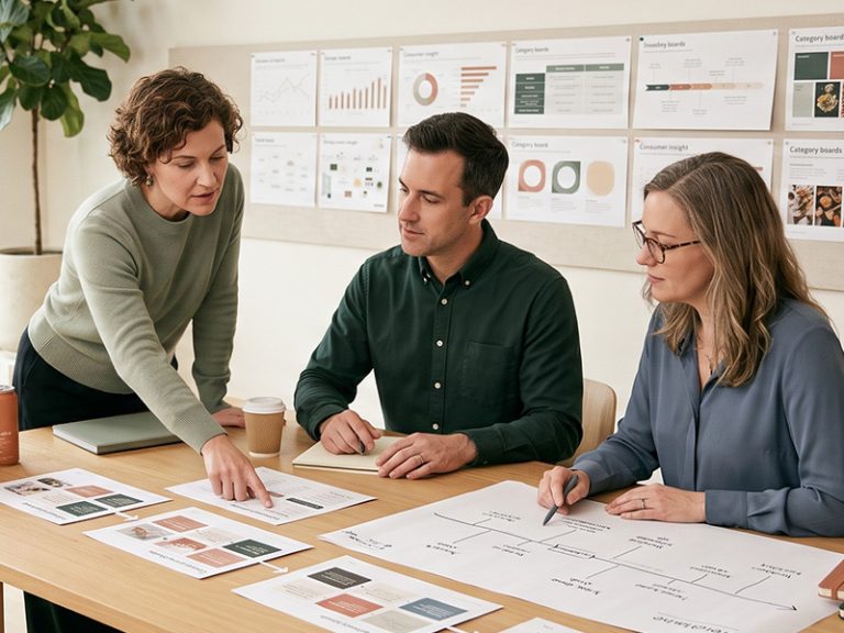 Three colleagues discussing consumer insight boards and product samples around a table