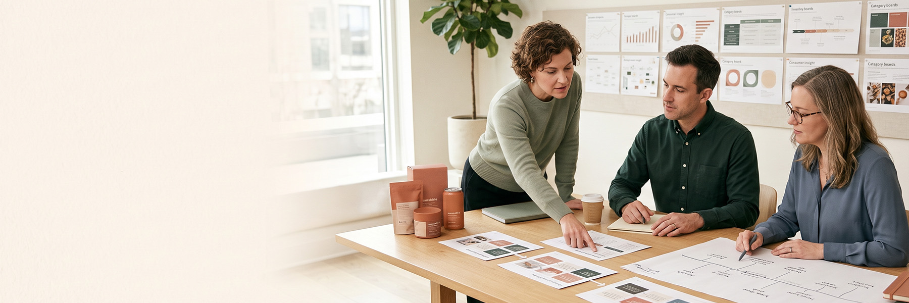 Three colleagues at a food and drink insight strategy session, talking through consumer insight boards and product samples spread across a table