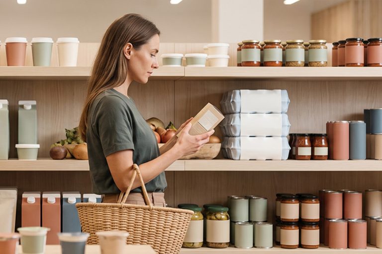 A shopper with a basket reading one product carefully at the shelf, choosing on shopper value rather than the multipack beside it