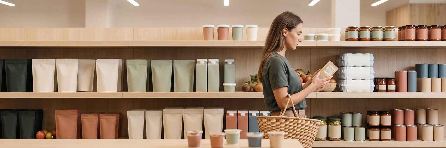 A shopper pausing at the shelf to read one product closely, weighing up shopper value rather than picking the cheapest option