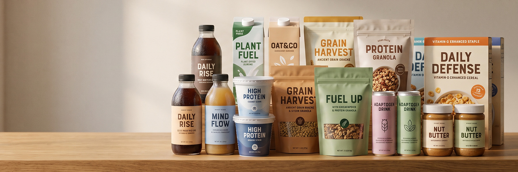 A row of modern packaged food and drink products on a wooden surface, including cold brew bottles, high-protein pots, granola pouches, functional drink cans, cereal cartons and nut butter jars.