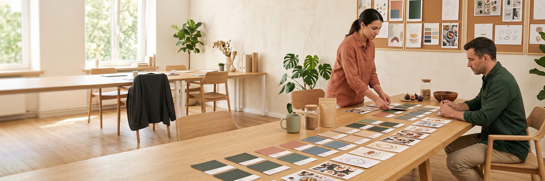 Two colleagues laying out concept cards in a quiet summer office during a food and drink innovation sprint, with empty desks behind them