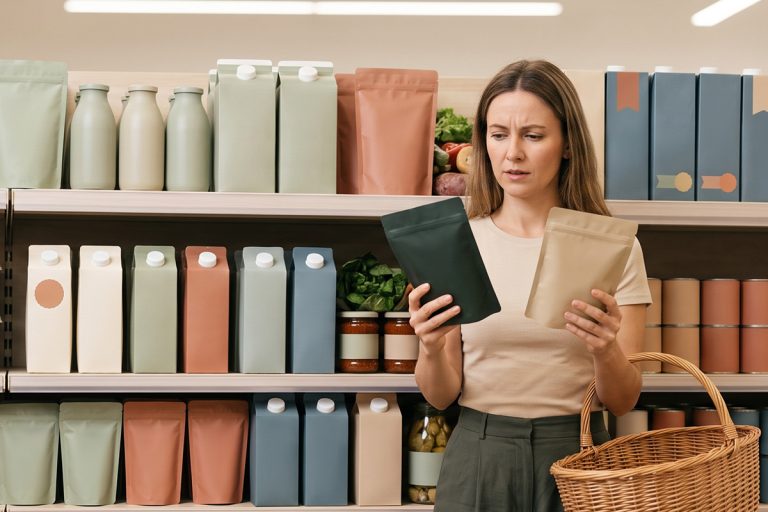 A shopper studying two unmarked packs side by side at the shelf, unable to tell them apart, the moment qualitative research is designed to understand