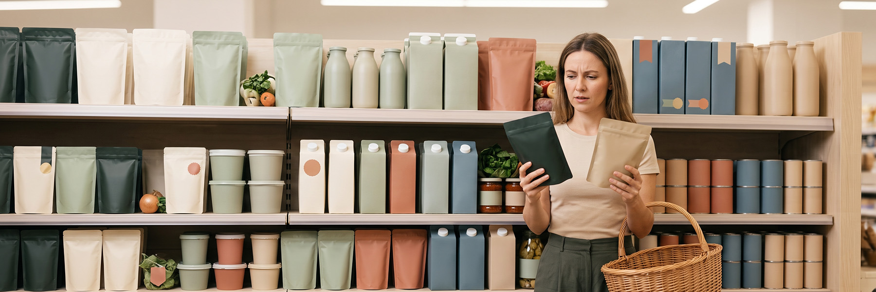 A shopper comparing two similar packs at a shelf, unsure which to choose, illustrating why consumer perception is the reality