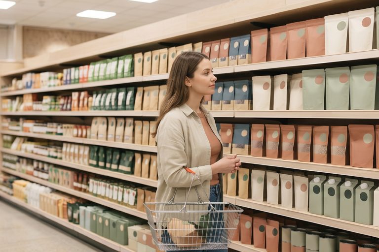 A shopper pausing at a shelf of functional food and drink packs, weighing up whether a claim matters to her