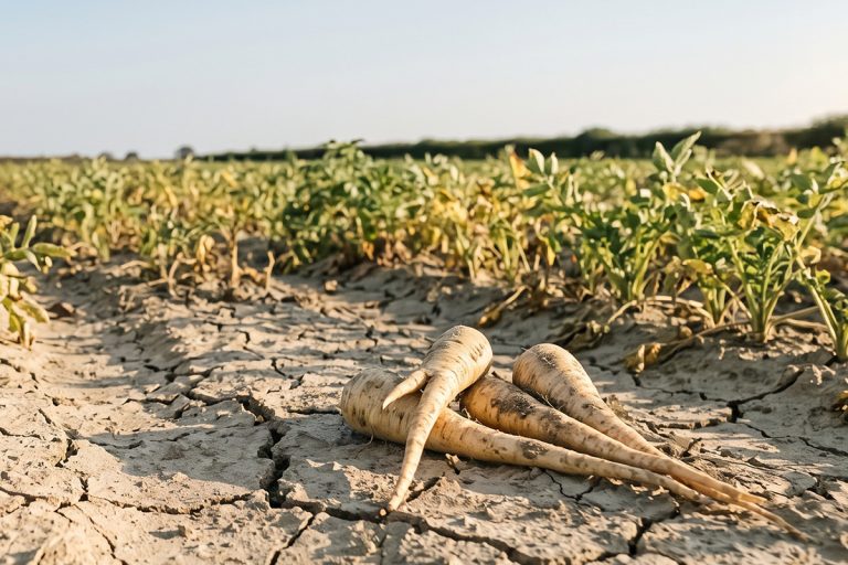 Three forked parsnips on cracked soil in a drought hit British parsnip field