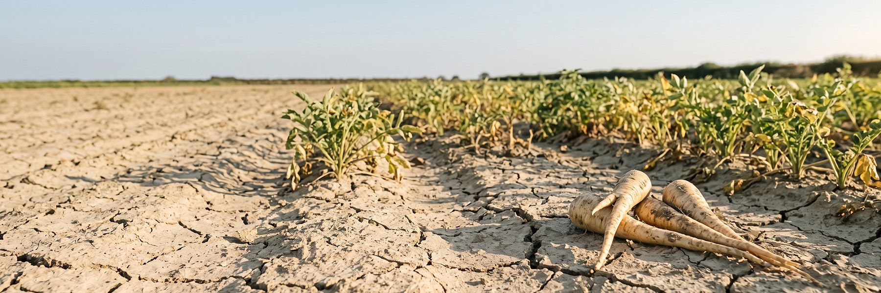 Parsnips lying on cracked dry soil in a drought affected British field of Christmas vegetables