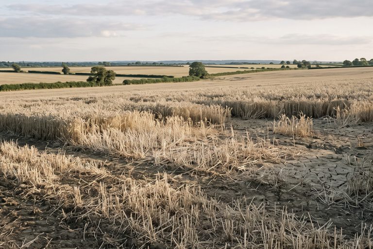 Patchy British cereal crop showing drought damage and uneven yields across one field