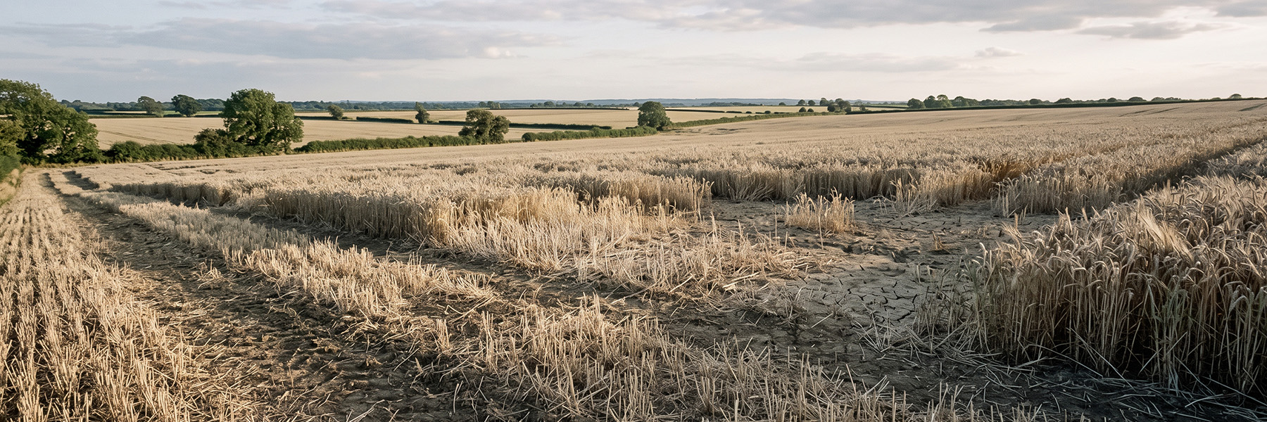Uneven British cereal field in the 2026 UK drought, with failed patches and bare cracked soil