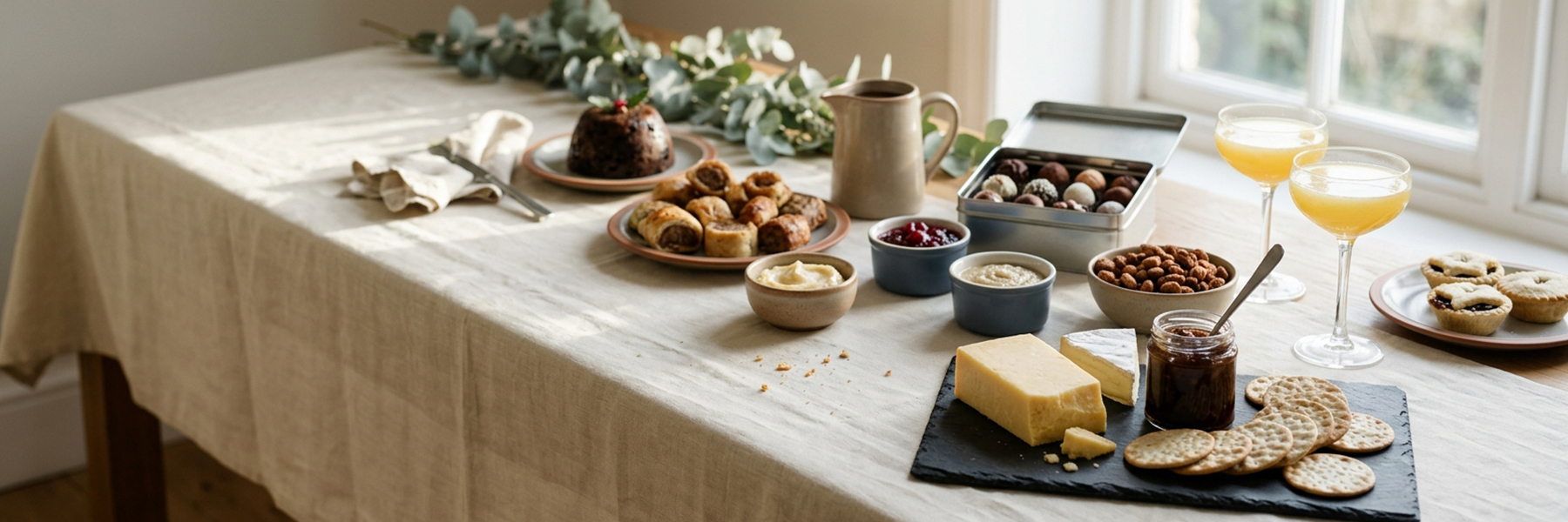 A full Christmas table with cheese board, puddings and party food, the subject of Christmas range testing
